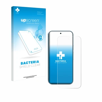 Parte frontal de un envase de producto con el logotipo de la marca upscreen. Al lado se muestra el dispositivo Google Pixel 9 