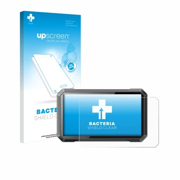 Parte frontal de un envase de producto con el logotipo de la marca upscreen. Al lado se muestra el dispositivo Ricoel Motorcyc