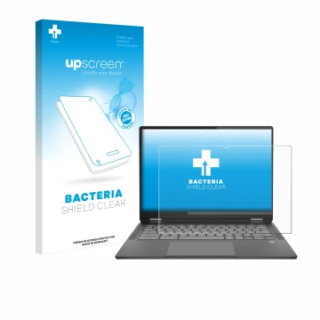 Parte frontal de un envase de producto con el logotipo de la marca upscreen. Al lado se muestra el dispositivo Lenovo IdeaPad 