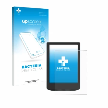 Parte frontal de un envase de producto con el logotipo de la marca upscreen. Al lado se muestra el dispositivo Vivlio Light HD