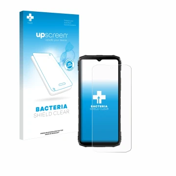 Parte frontal de un envase de producto con el logotipo de la marca upscreen. Al lado se muestra el dispositivo Doogee Blade 10