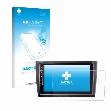 Parte frontal de un envase de producto con el logotipo de la marca upscreen. Al lado se muestra el dispositivo Dynavin D9-DF56