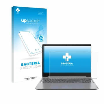 Parte frontal de un envase de producto con el logotipo de la marca upscreen. Al lado se muestra el dispositivo Lenovo 15.6