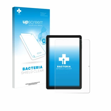 Parte frontal de un envase de producto con el logotipo de la marca upscreen. Al lado se muestra el dispositivo Doogee T10W con