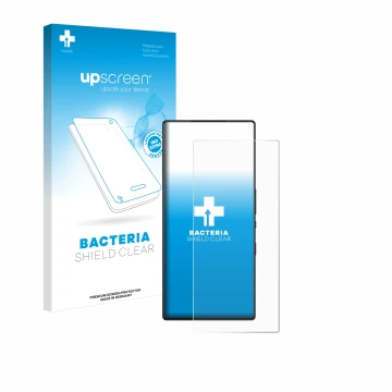 Parte frontal de un envase de producto con el logotipo de la marca upscreen. Al lado se muestra el dispositivo ZTE Nubia Red M