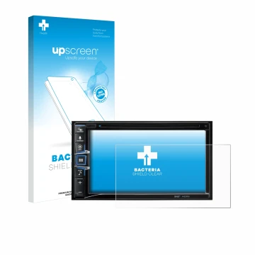Parte frontal de un envase de producto con el logotipo de la marca upscreen. Al lado se muestra el dispositivo Alpine INE-W611