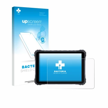 Parte frontal de un envase de producto con el logotipo de la marca upscreen. Al lado se muestra el dispositivo Topicon MDT865 