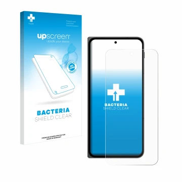 Parte frontal de un envase de producto con el logotipo de la marca upscreen. Al lado se muestra el dispositivo OnePlus Open Ap