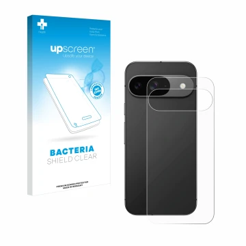 Parte frontal de un envase de producto con el logotipo de la marca upscreen. Al lado se muestra el dispositivo Google Pixel 9 