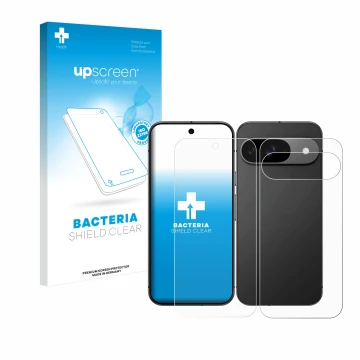 Parte frontal de un envase de producto con el logotipo de la marca upscreen. Al lado se muestra el dispositivo Google Pixel 9 