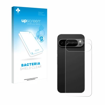 Parte frontal de un envase de producto con el logotipo de la marca upscreen. Al lado se muestra el dispositivo Google Pixel 9 