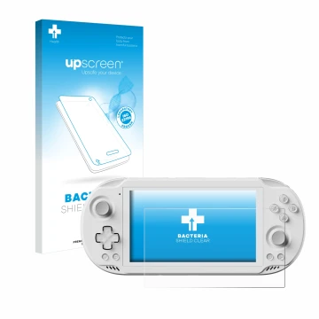 Parte frontal de un envase de producto con el logotipo de la marca upscreen. Al lado se muestra el dispositivo AYN Odin 2 Mini
