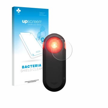 Parte frontal de un envase de producto con el logotipo de la marca upscreen. Al lado se muestra el dispositivo Garmin Varia RT