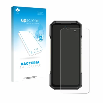 Parte frontal de un envase de producto con el logotipo de la marca upscreen. Al lado se muestra el dispositivo Ulefone Armor 2