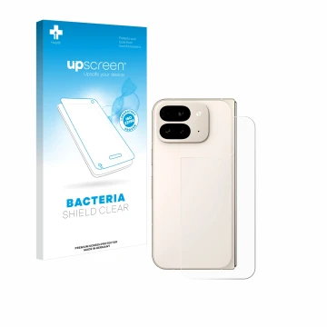 Parte frontal de un envase de producto con el logotipo de la marca upscreen. Al lado se muestra el dispositivo Google Pixel 9 