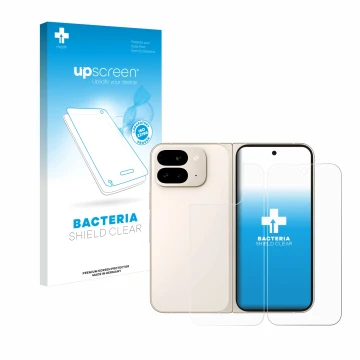 Parte frontal de un envase de producto con el logotipo de la marca upscreen. Al lado se muestra el dispositivo Google Pixel 9 