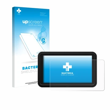 Parte frontal de un envase de producto con el logotipo de la marca upscreen. Al lado se muestra el dispositivo Atomos Shinobi 