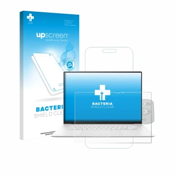 Parte frontal de un envase de producto con el logotipo de la marca upscreen. Al lado se muestra el dispositivo ASUS ZenBook S 