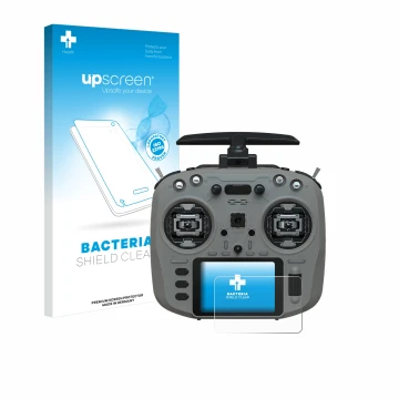 Parte frontal de un envase de producto con el logotipo de la marca upscreen. Al lado se muestra el dispositivo Jumper T15 con 