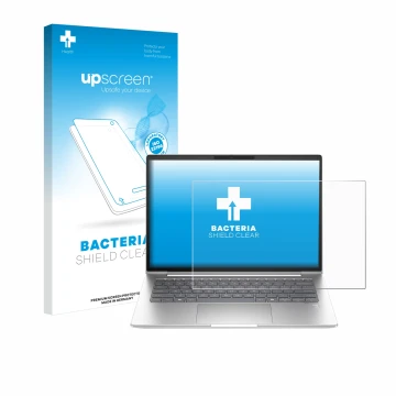 Parte frontal de un envase de producto con el logotipo de la marca upscreen. Al lado se muestra el dispositivo HP ProBook 440 