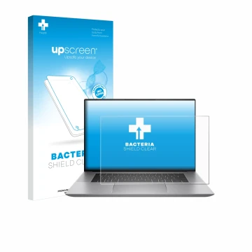 Parte frontal de un envase de producto con el logotipo de la marca upscreen. Al lado se muestra el dispositivo HP Zbook Studio