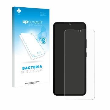 Parte frontal de un envase de producto con el logotipo de la marca upscreen. Al lado se muestra el dispositivo Cubot A10 con s