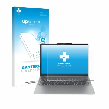 Parte frontal de un envase de producto con el logotipo de la marca upscreen. Al lado se muestra el dispositivo Lenovo IdeaPad 