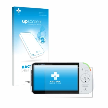 Parte frontal de un envase de producto con el logotipo de la marca upscreen. Al lado se muestra el dispositivo Babysense MaxVi