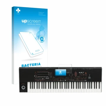 Parte frontal de un envase de producto con el logotipo de la marca upscreen. Al lado se muestra el dispositivo KORG Pa4x con s