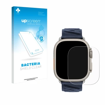 Parte frontal de un envase de producto con el logotipo de la marca upscreen. Al lado se muestra el dispositivo Apple Watch Her