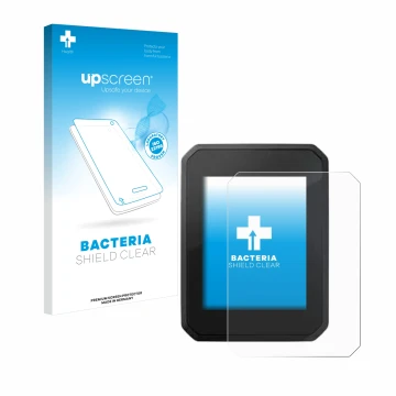 Parte frontal de un envase de producto con el logotipo de la marca upscreen. Al lado se muestra el dispositivo FIT Display Com