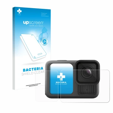 Parte frontal de un envase de producto con el logotipo de la marca upscreen. Al lado se muestra el dispositivo GoPro Hero 13 B