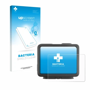 Parte frontal de un envase de producto con el logotipo de la marca upscreen. Al lado se muestra el dispositivo GoPro Hero 4k c