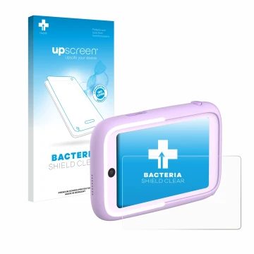 Parte frontal de un envase de producto con el logotipo de la marca upscreen. Al lado se muestra el dispositivo Myfirst Camera 