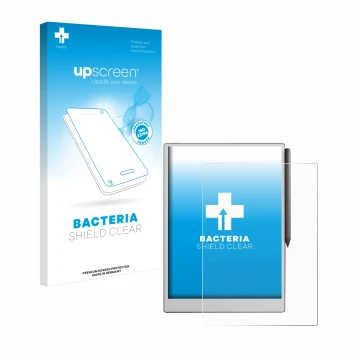 Parte frontal de un envase de producto con el logotipo de la marca upscreen. Al lado se muestra el dispositivo reMarkable Pape