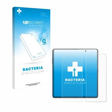 Parte frontal de un envase de producto con el logotipo de la marca upscreen. Al lado se muestra el dispositivo Honor Magic V3 