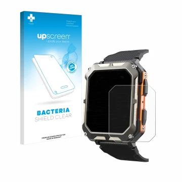 Parte frontal de un envase de producto con el logotipo de la marca upscreen. Al lado se muestra el dispositivo Findtime Smartw