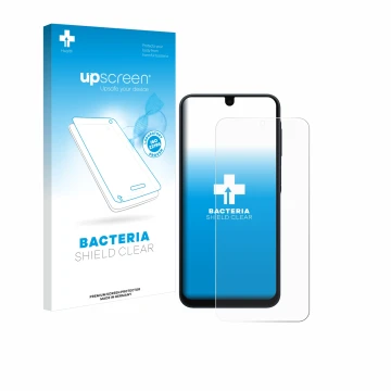 Parte frontal de un envase de producto con el logotipo de la marca upscreen. Al lado se muestra el dispositivo Samsung Galaxy 