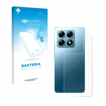 Parte frontal de un envase de producto con el logotipo de la marca upscreen. Al lado se muestra el dispositivo Xiaomi 14T Pro 