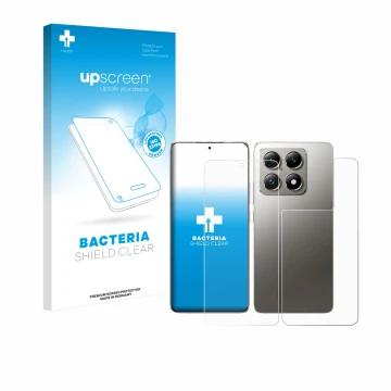 Parte frontal de un envase de producto con el logotipo de la marca upscreen. Al lado se muestra el dispositivo Xiaomi 14T Pro 