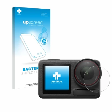 Parte frontal de un envase de producto con el logotipo de la marca upscreen. Al lado se muestra el dispositivo DJI Osmo Action