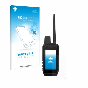 Parte frontal de un envase de producto con el logotipo de la marca upscreen. Al lado se muestra el dispositivo Garmin Alpha 30