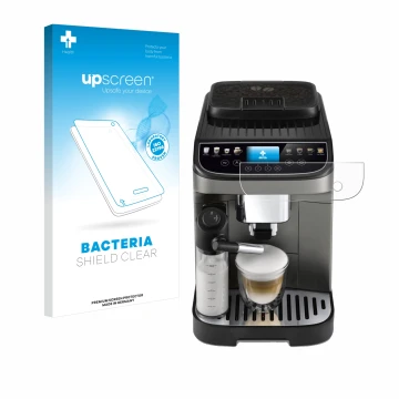 Parte frontal de un envase de producto con el logotipo de la marca upscreen. Al lado se muestra el dispositivo DeLonghi Magnif