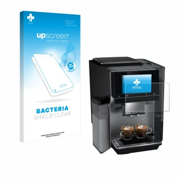 Parte frontal de un envase de producto con el logotipo de la marca upscreen. Al lado se muestra el dispositivo Siemens EQ700 c