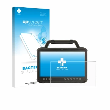 Parte frontal de un envase de producto con el logotipo de la marca upscreen. Al lado se muestra el dispositivo Winmate M133WK 