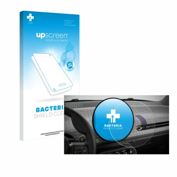 Parte frontal de un envase de producto con el logotipo de la marca upscreen. Al lado se muestra el dispositivo Mini Cooper Ele