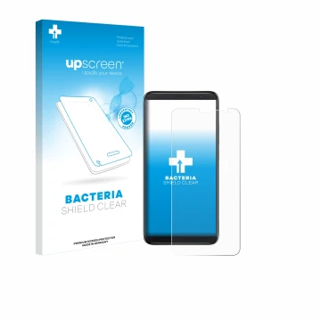 Parte frontal de un envase de producto con el logotipo de la marca upscreen. Al lado se muestra el dispositivo TCL 403 con su 