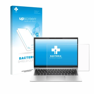 Parte frontal de un envase de producto con el logotipo de la marca upscreen. Al lado se muestra el dispositivo HP EliteBook 83