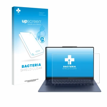 Parte frontal de un envase de producto con el logotipo de la marca upscreen. Al lado se muestra el dispositivo Lenovo Yoga Sli