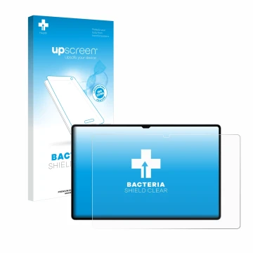 Parte frontal de un envase de producto con el logotipo de la marca upscreen. Al lado se muestra el dispositivo Samsung Galaxy 